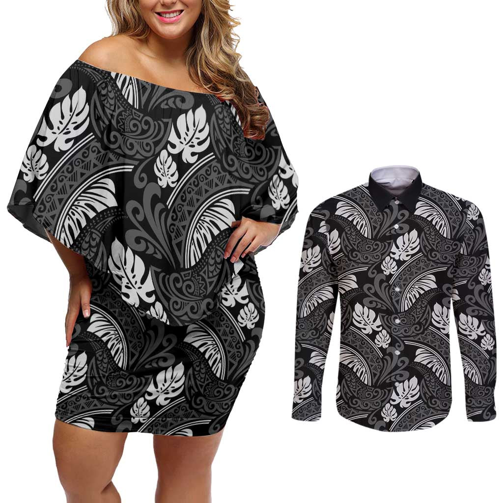 Grayscale Monstera Couples Matching Off Shoulder Short Dress and Long Sleeve Button Shirt Polynesian Tribal Pattern - Polynesian Pride