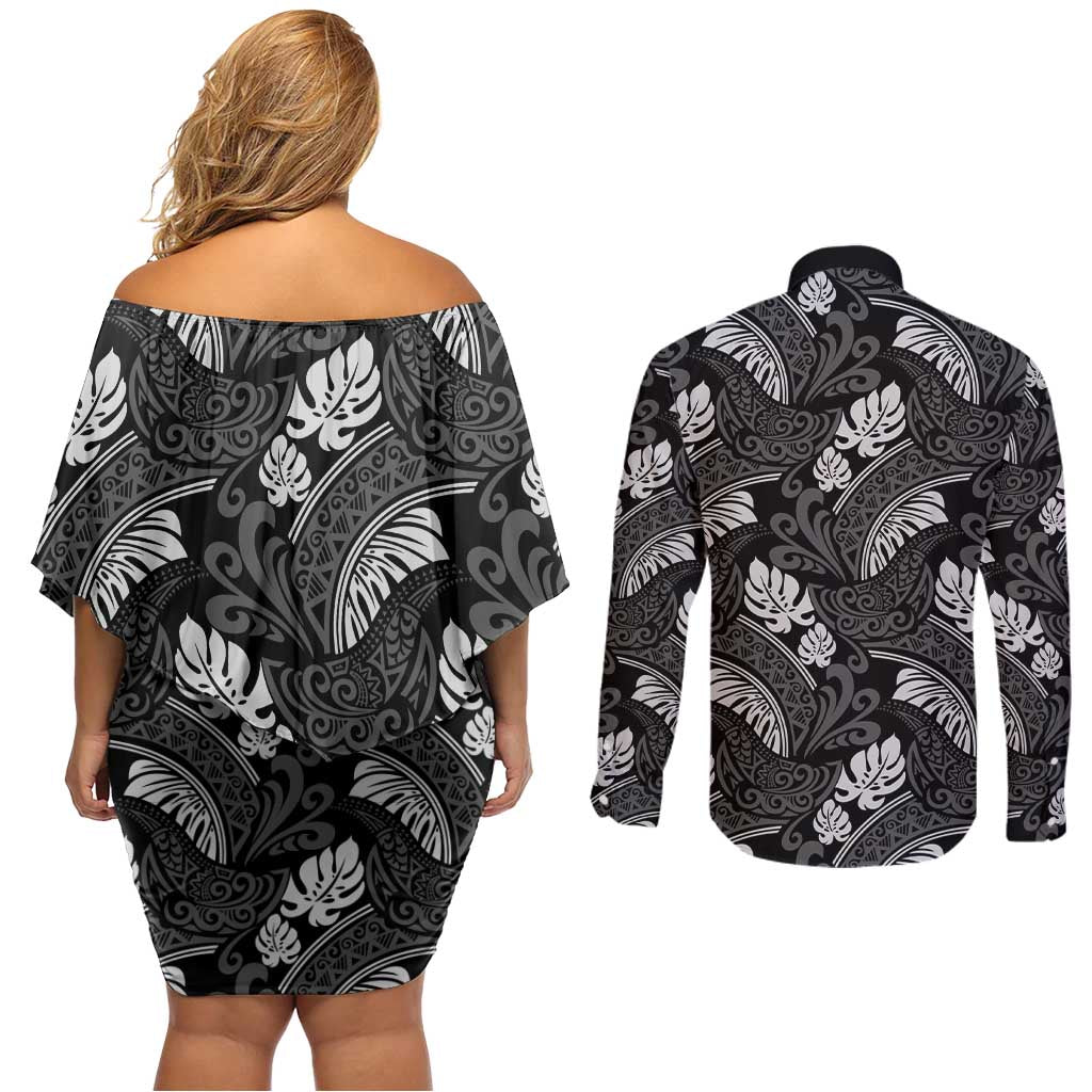 Grayscale Monstera Couples Matching Off Shoulder Short Dress and Long Sleeve Button Shirt Polynesian Tribal Pattern - Polynesian Pride