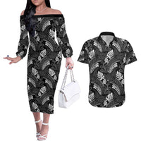 Grayscale Monstera Couples Matching Off The Shoulder Long Sleeve Dress and Hawaiian Shirt Polynesian Tribal Pattern - Polynesian Pride
