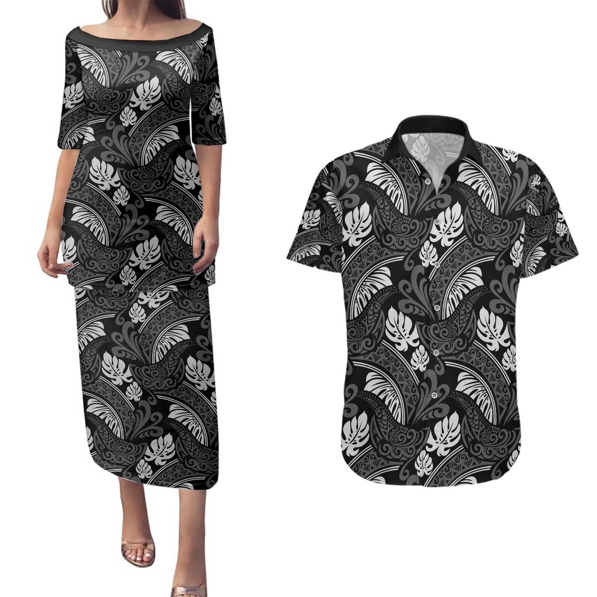 Grayscale Monstera Couples Matching Puletasi and Hawaiian Shirt Polynesian Tribal Pattern - Polynesian Pride