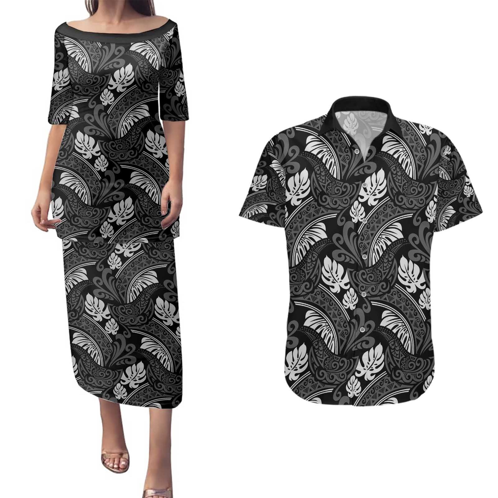 Grayscale Monstera Couples Matching Puletasi and Hawaiian Shirt Polynesian Tribal Pattern - Polynesian Pride