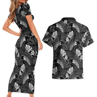 Grayscale Monstera Couples Matching Short Sleeve Bodycon Dress and Hawaiian Shirt Polynesian Tribal Pattern - Polynesian Pride