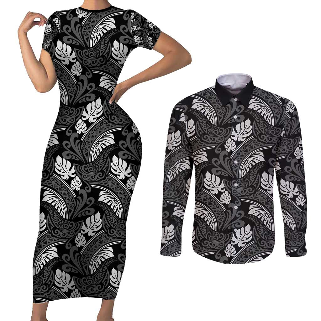 Grayscale Monstera Couples Matching Short Sleeve Bodycon Dress and Long Sleeve Button Shirt Polynesian Tribal Pattern - Polynesian Pride