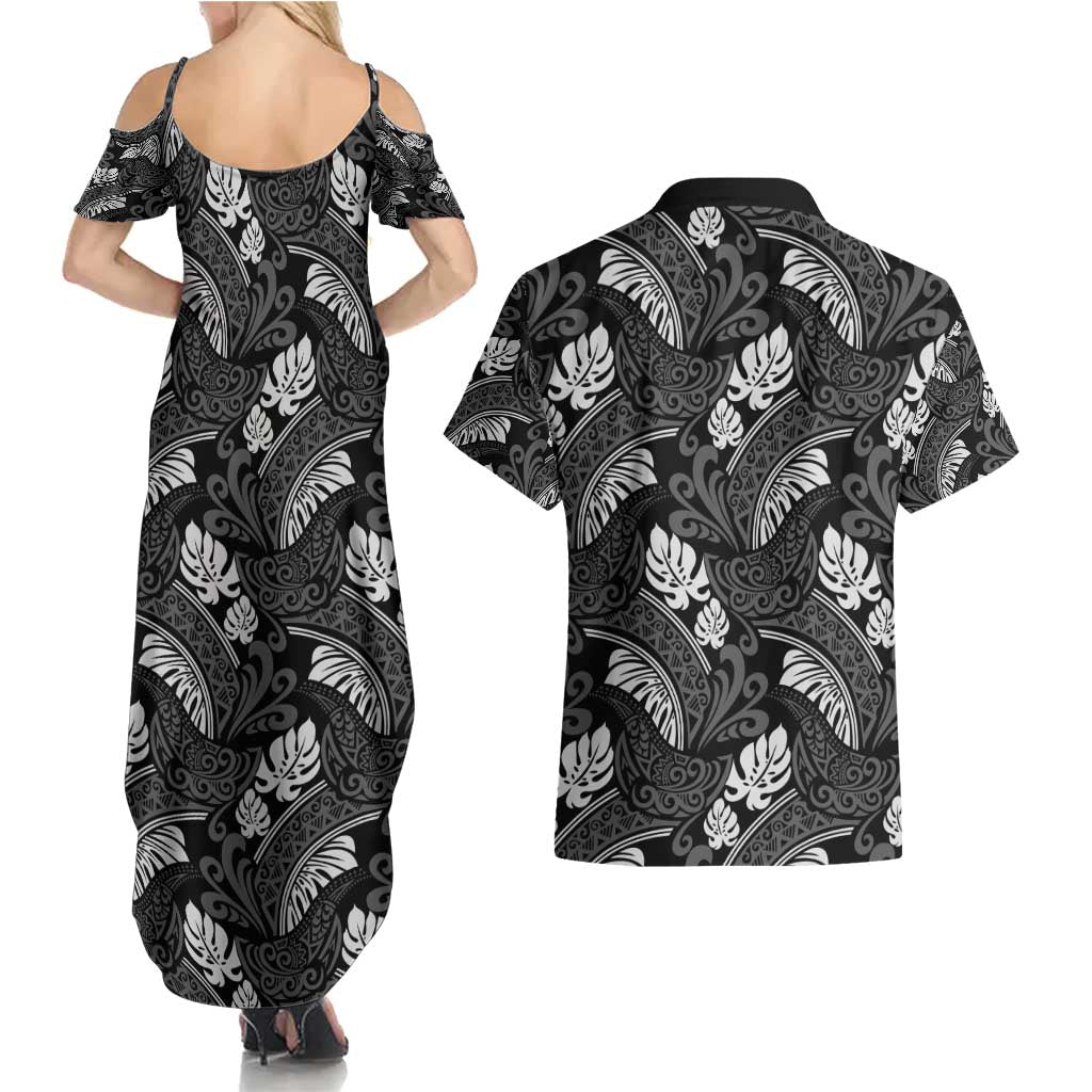 Grayscale Monstera Couples Matching Summer Maxi Dress and Hawaiian Shirt Polynesian Tribal Pattern - Polynesian Pride