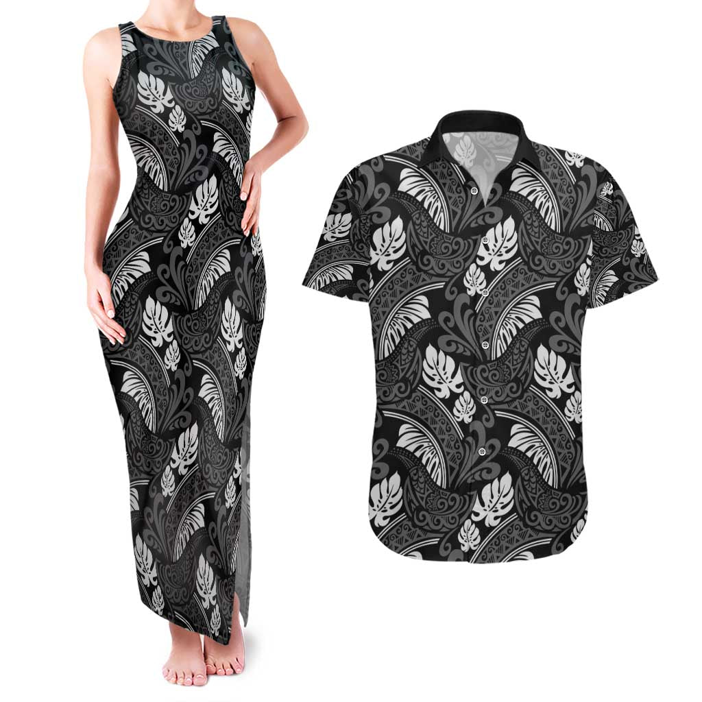 Grayscale Monstera Couples Matching Tank Maxi Dress and Hawaiian Shirt Polynesian Tribal Pattern - Polynesian Pride