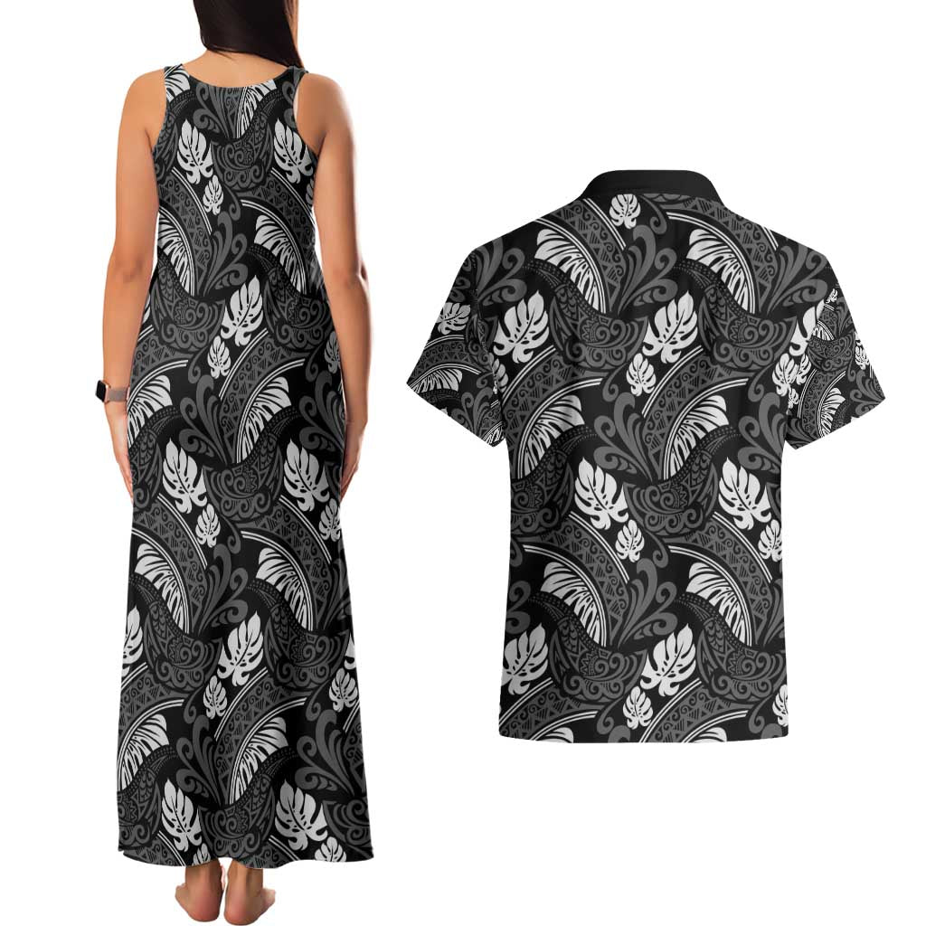 Grayscale Monstera Couples Matching Tank Maxi Dress and Hawaiian Shirt Polynesian Tribal Pattern - Polynesian Pride
