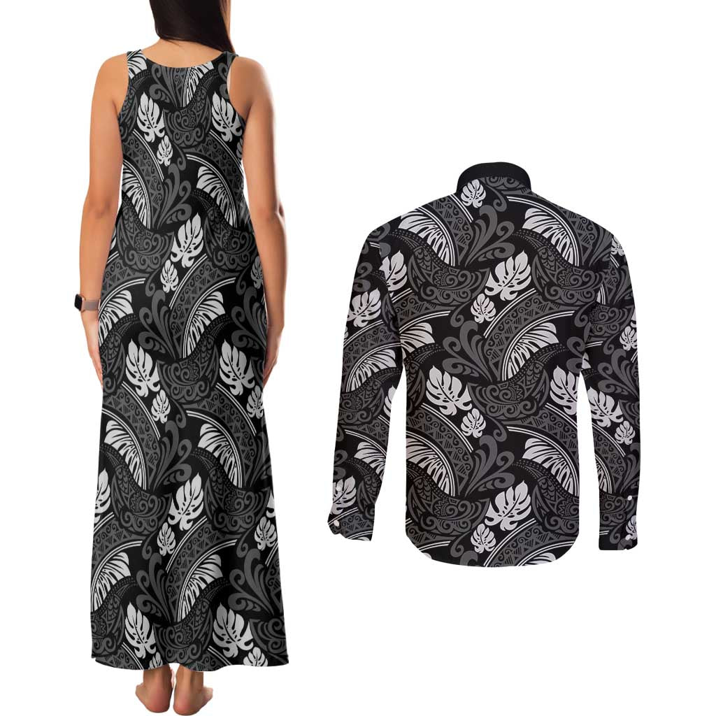 Grayscale Monstera Couples Matching Tank Maxi Dress and Long Sleeve Button Shirt Polynesian Tribal Pattern - Polynesian Pride