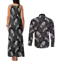 Grayscale Monstera Couples Matching Tank Maxi Dress and Long Sleeve Button Shirt Polynesian Tribal Pattern - Polynesian Pride