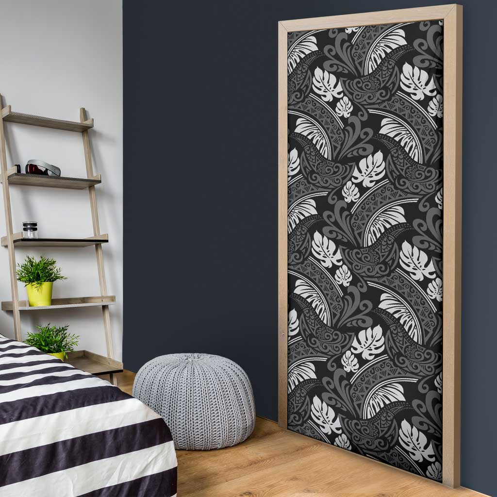 Grayscale Monstera Door Cover Polynesian Tribal Pattern - Polynesian Pride