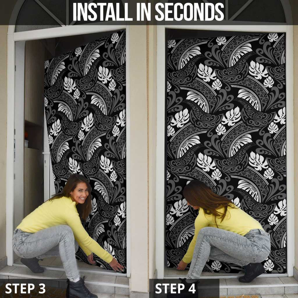 Grayscale Monstera Door Cover Polynesian Tribal Pattern - Polynesian Pride