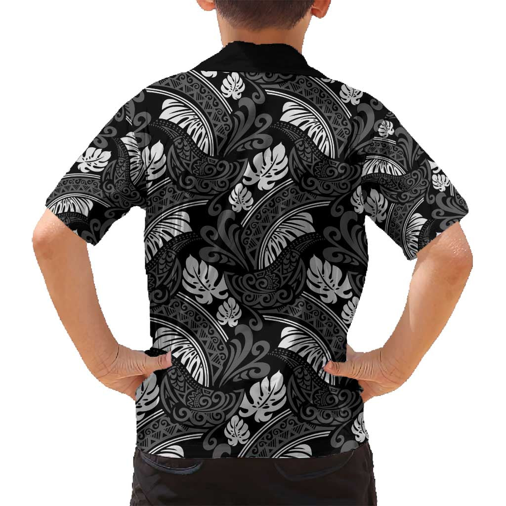 Grayscale Monstera Family Matching Long Sleeve Bodycon Dress and Hawaiian Shirt Polynesian Tribal Pattern - Polynesian Pride