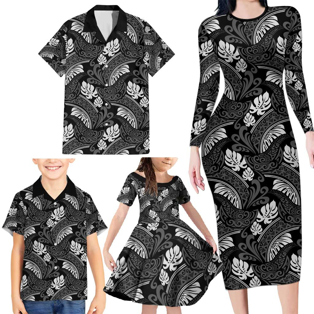 Grayscale Monstera Family Matching Long Sleeve Bodycon Dress and Hawaiian Shirt Polynesian Tribal Pattern - Polynesian Pride