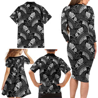 Grayscale Monstera Family Matching Long Sleeve Bodycon Dress and Hawaiian Shirt Polynesian Tribal Pattern - Polynesian Pride
