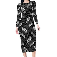 Grayscale Monstera Family Matching Long Sleeve Bodycon Dress and Hawaiian Shirt Polynesian Tribal Pattern - Polynesian Pride