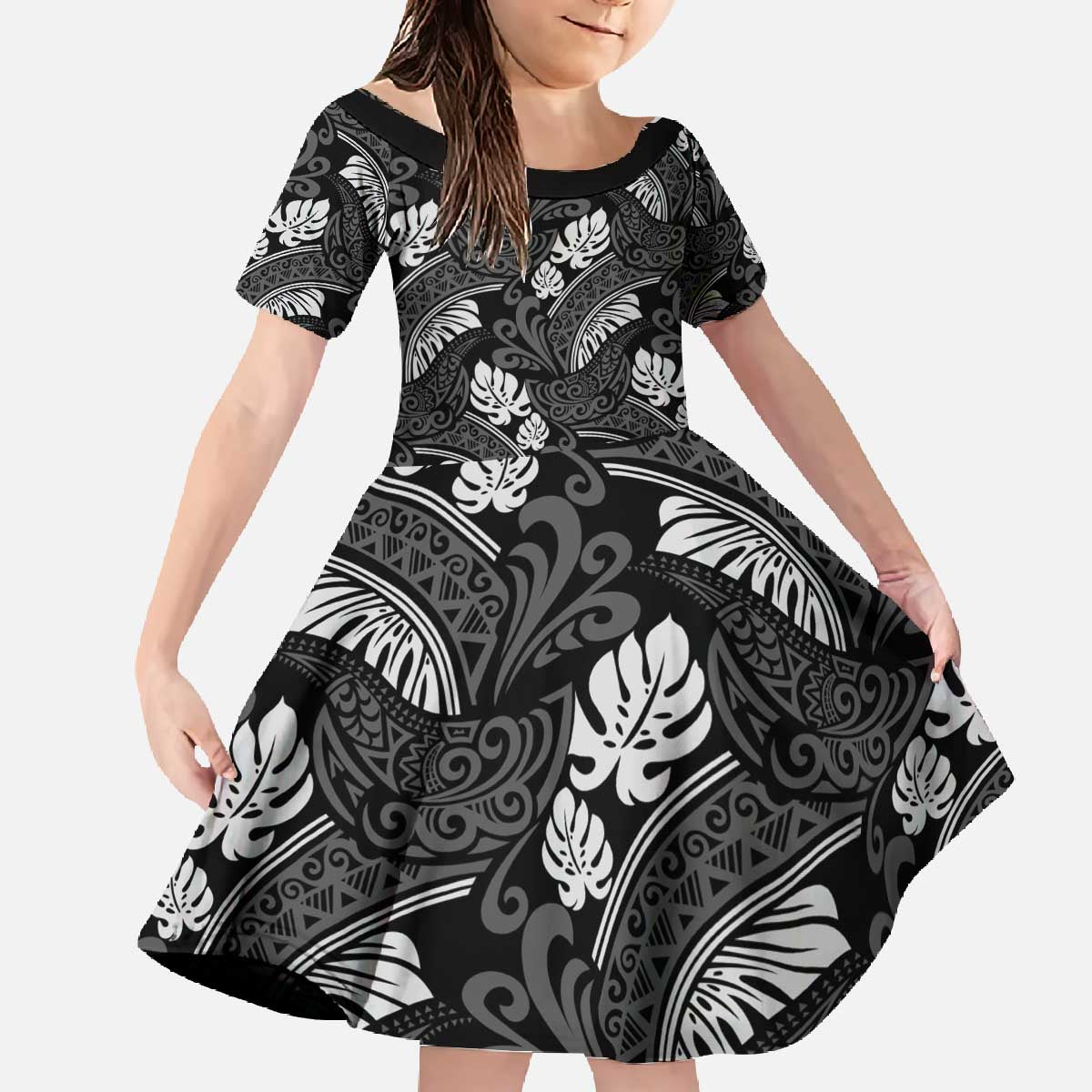 Grayscale Monstera Family Matching Off The Shoulder Long Sleeve Dress and Hawaiian Shirt Polynesian Tribal Pattern - Polynesian Pride