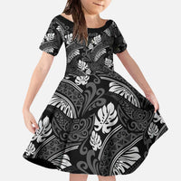 Grayscale Monstera Family Matching Off The Shoulder Long Sleeve Dress and Hawaiian Shirt Polynesian Tribal Pattern - Polynesian Pride