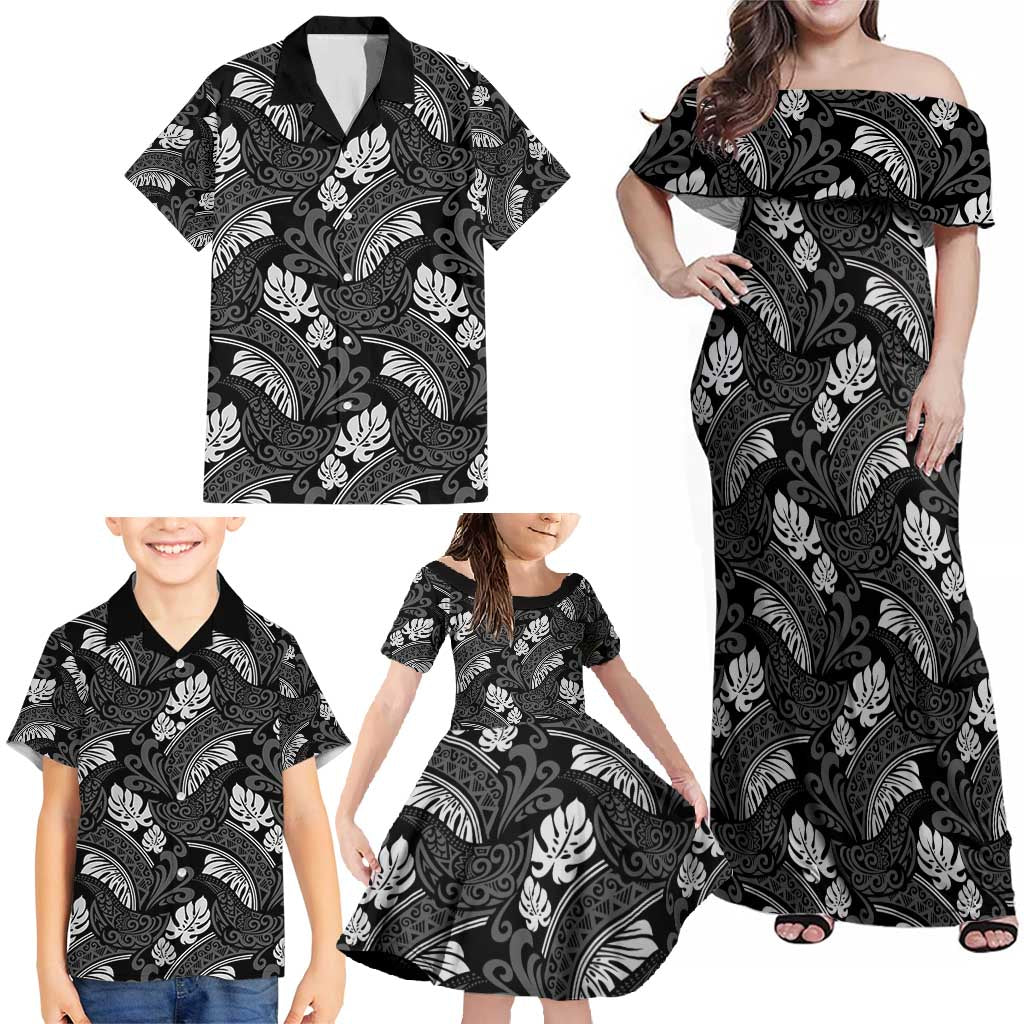Grayscale Monstera Family Matching Off Shoulder Maxi Dress and Hawaiian Shirt Polynesian Tribal Pattern - Polynesian Pride