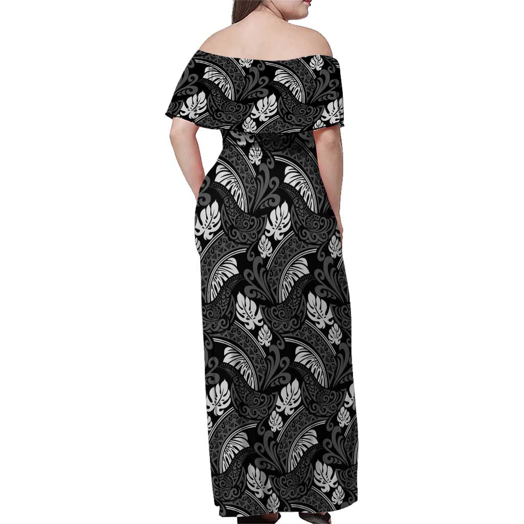 Grayscale Monstera Family Matching Off Shoulder Maxi Dress and Hawaiian Shirt Polynesian Tribal Pattern - Polynesian Pride