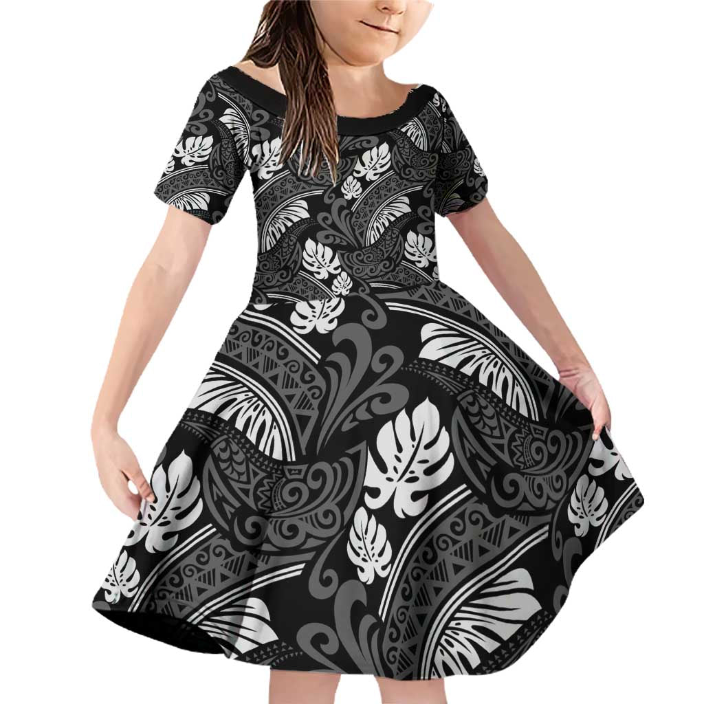 Grayscale Monstera Family Matching Off Shoulder Short Dress and Hawaiian Shirt Polynesian Tribal Pattern - Polynesian Pride