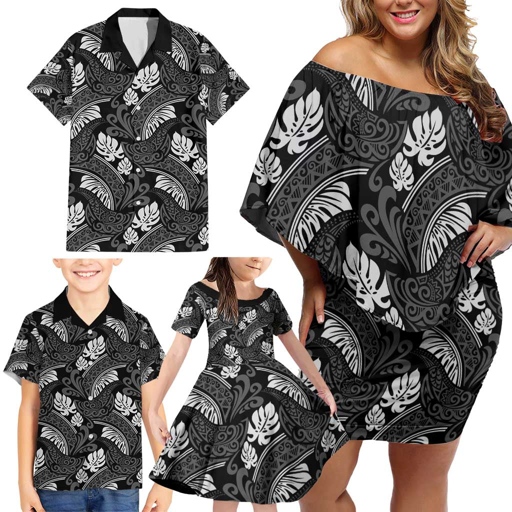 Grayscale Monstera Family Matching Off Shoulder Short Dress and Hawaiian Shirt Polynesian Tribal Pattern - Polynesian Pride