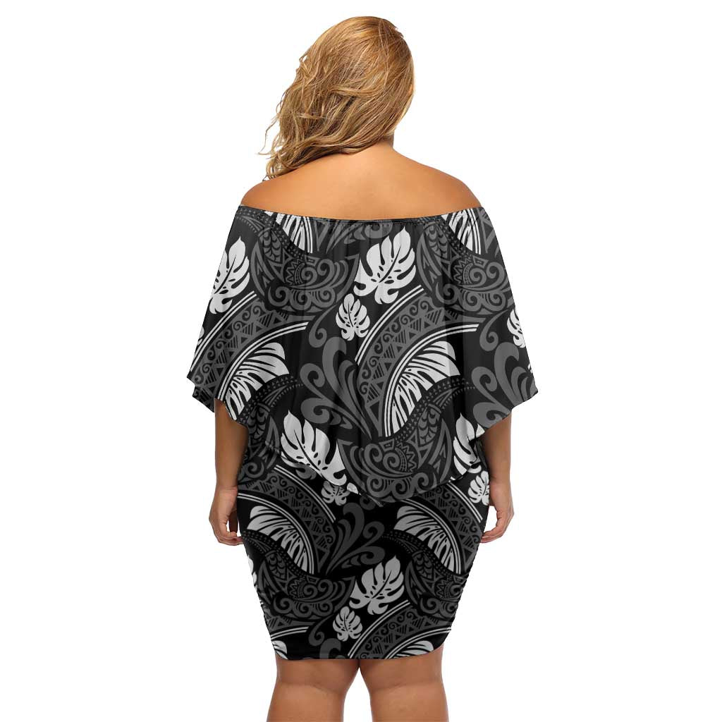 Grayscale Monstera Family Matching Off Shoulder Short Dress and Hawaiian Shirt Polynesian Tribal Pattern - Polynesian Pride