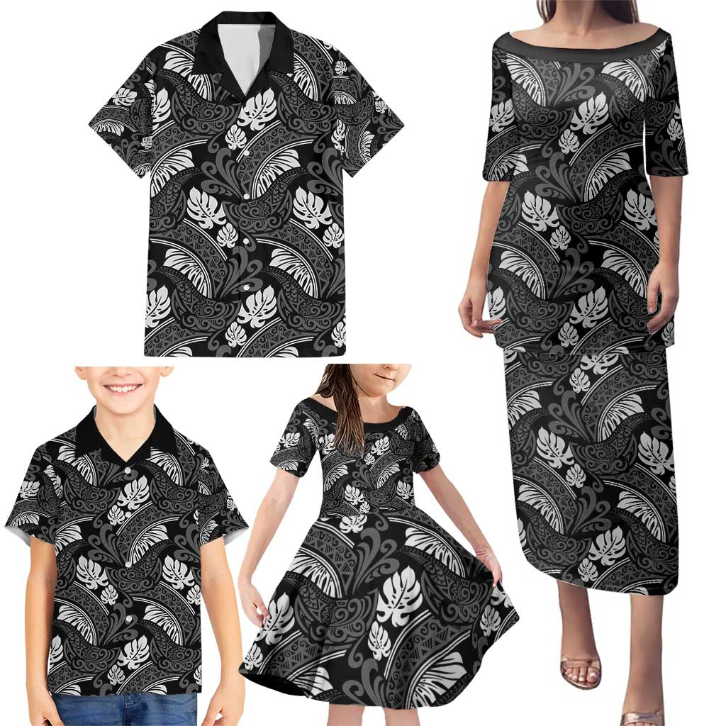 Grayscale Monstera Family Matching Puletasi and Hawaiian Shirt Polynesian Tribal Pattern - Polynesian Pride