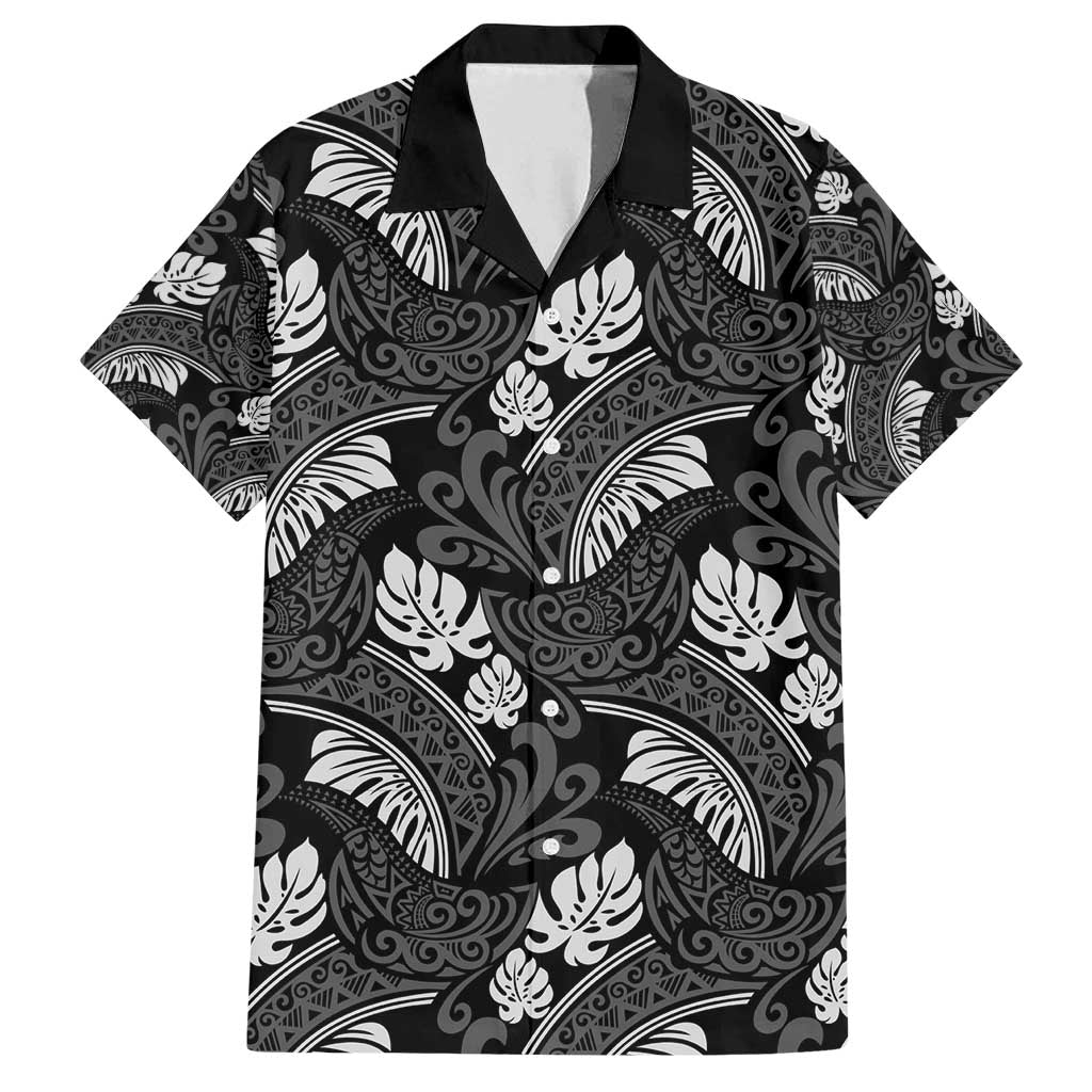 Grayscale Monstera Family Matching Puletasi and Hawaiian Shirt Polynesian Tribal Pattern - Polynesian Pride