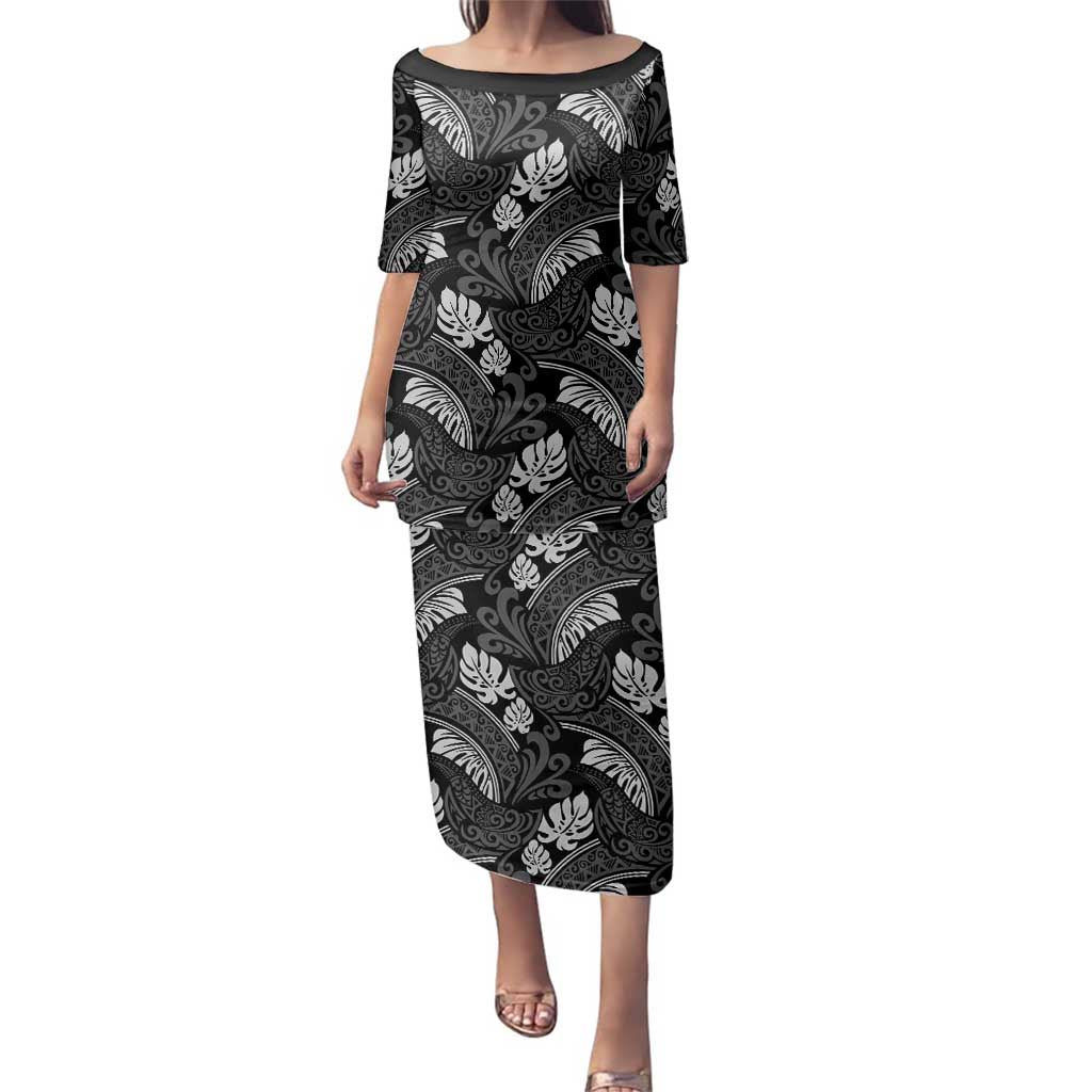 Grayscale Monstera Family Matching Puletasi and Hawaiian Shirt Polynesian Tribal Pattern - Polynesian Pride