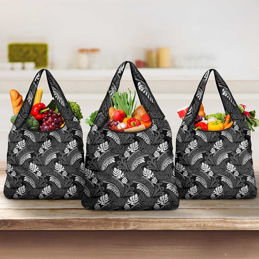 Grayscale Monstera Grocery Bag Polynesian Tribal Pattern - Polynesian Pride