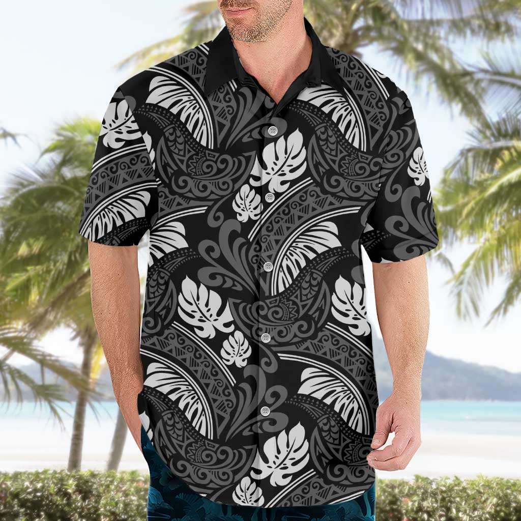 Grayscale Monstera Hawaiian Shirt Polynesian Tribal Pattern - Polynesian Pride