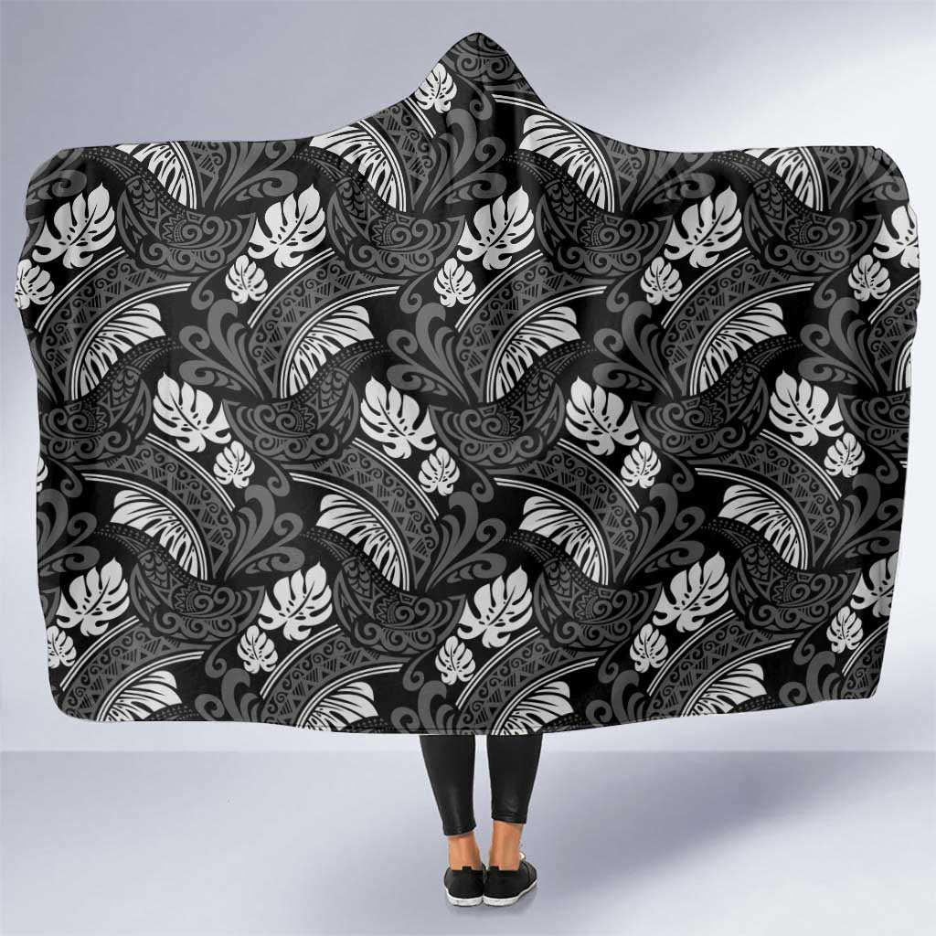 Grayscale Monstera Hooded Blanket Polynesian Tribal Pattern - Polynesian Pride