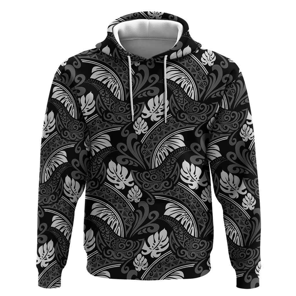 Grayscale Monstera Hoodie Polynesian Tribal Pattern - Polynesian Pride