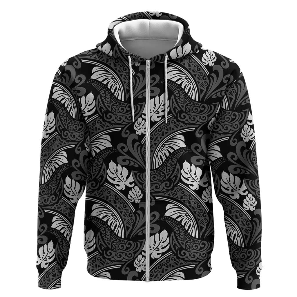 Grayscale Monstera Hoodie Polynesian Tribal Pattern - Polynesian Pride