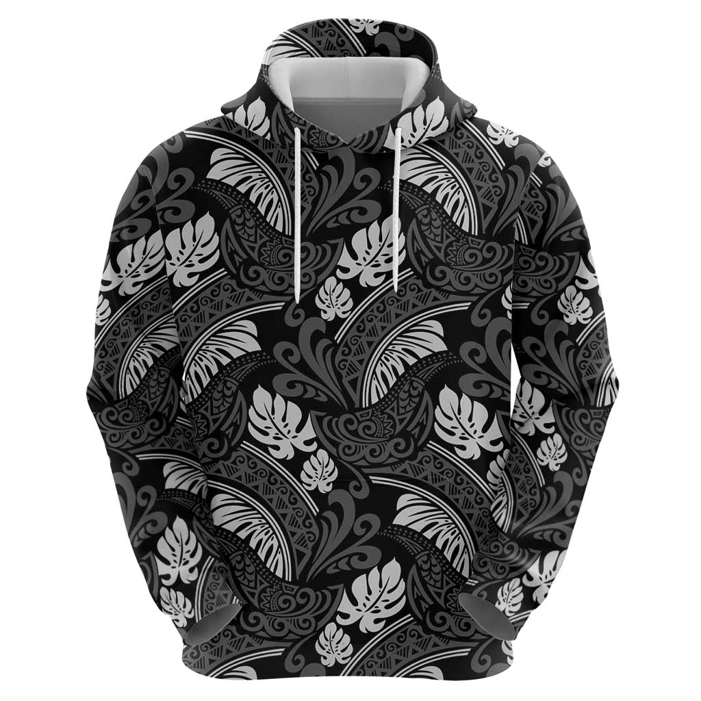 Grayscale Monstera Hoodie Polynesian Tribal Pattern - Polynesian Pride