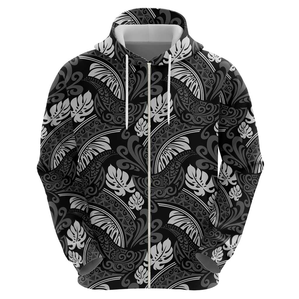 Grayscale Monstera Hoodie Polynesian Tribal Pattern - Polynesian Pride