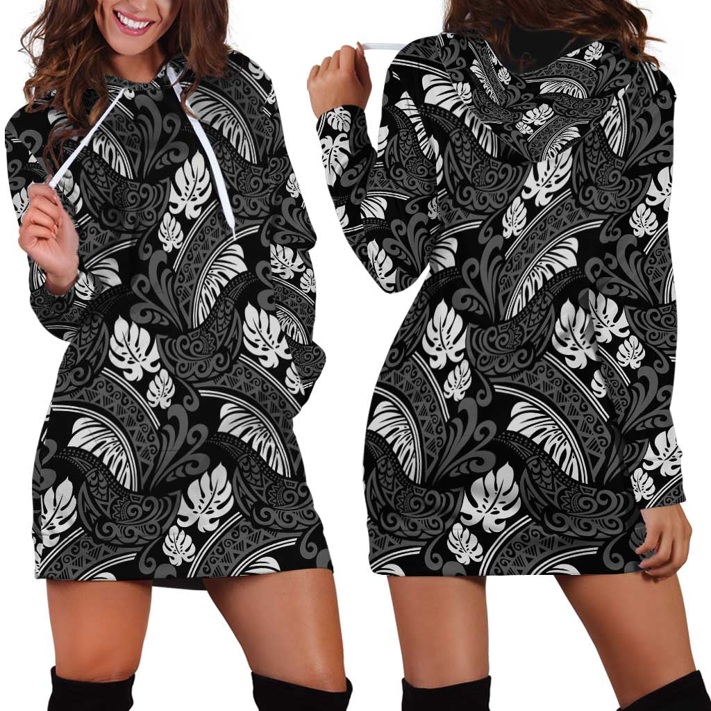 Grayscale Monstera Hoodie Dress Polynesian Tribal Pattern - Polynesian Pride