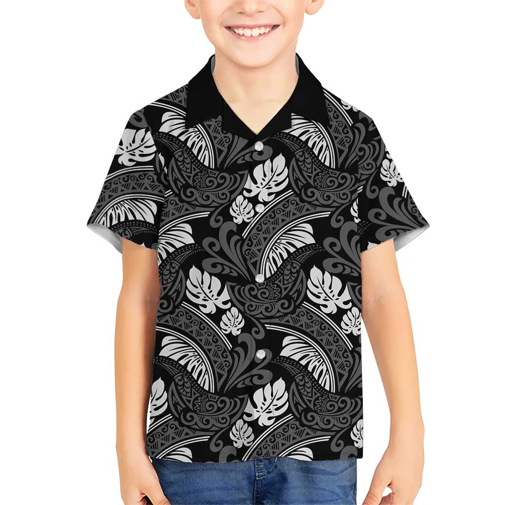 Grayscale Monstera Kid Hawaiian Shirt Polynesian Tribal Pattern - Polynesian Pride