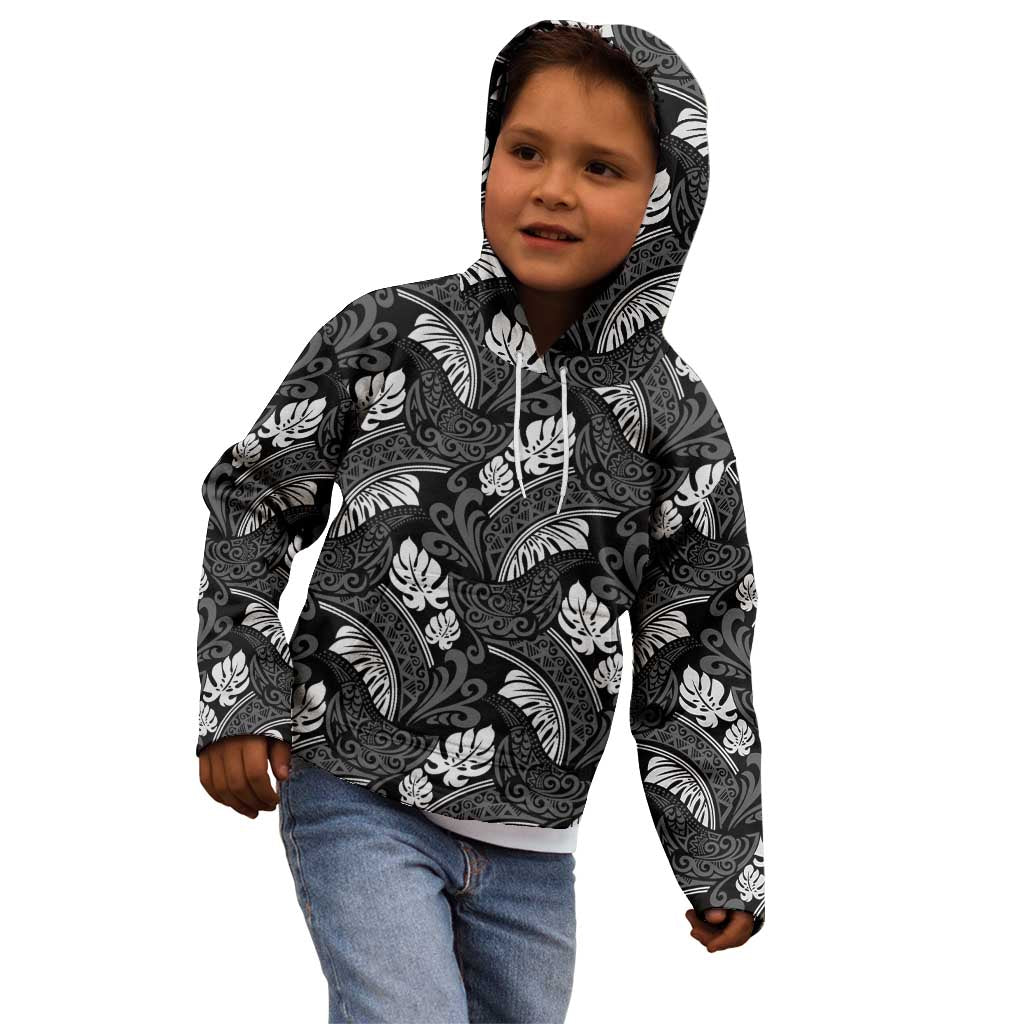 Grayscale Monstera Kid Hoodie Polynesian Tribal Pattern - Polynesian Pride