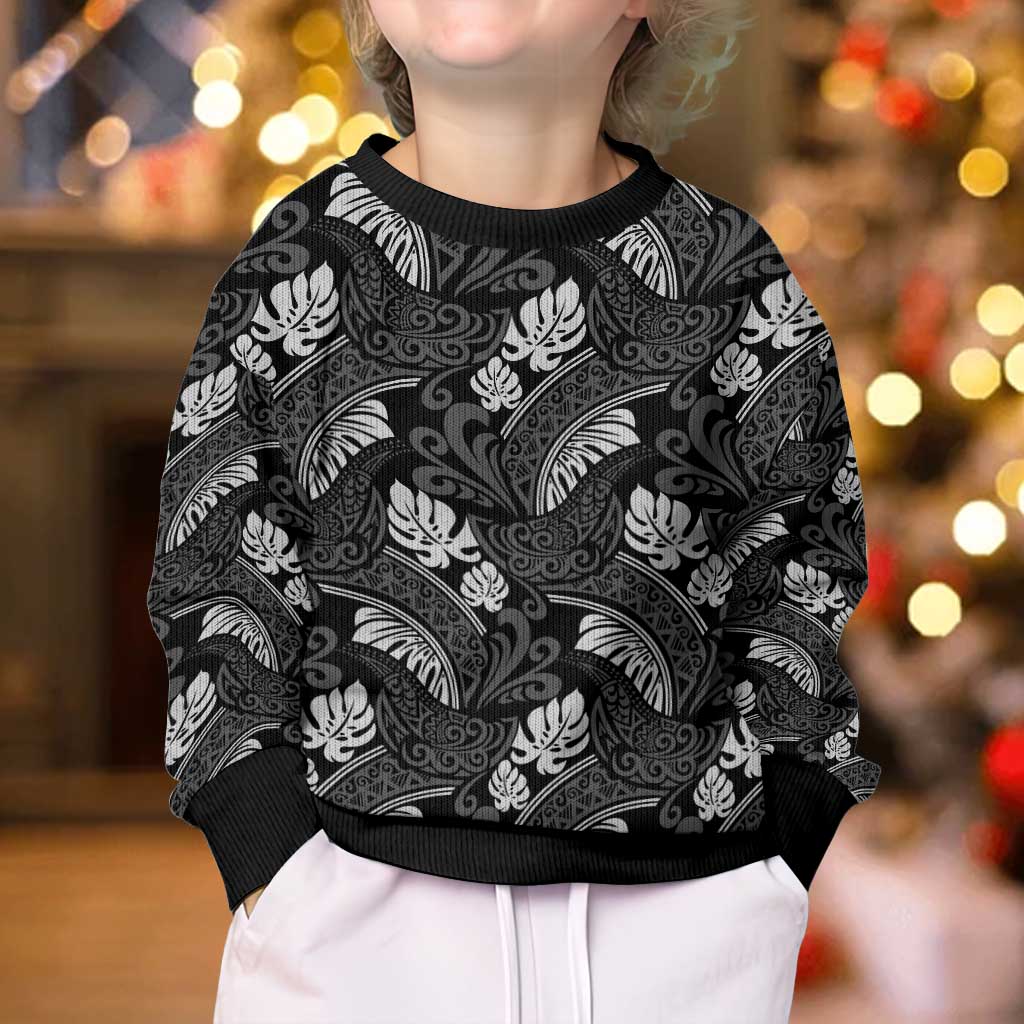 Grayscale Monstera Kid Ugly Christmas Sweater Polynesian Tribal Pattern - Polynesian Pride