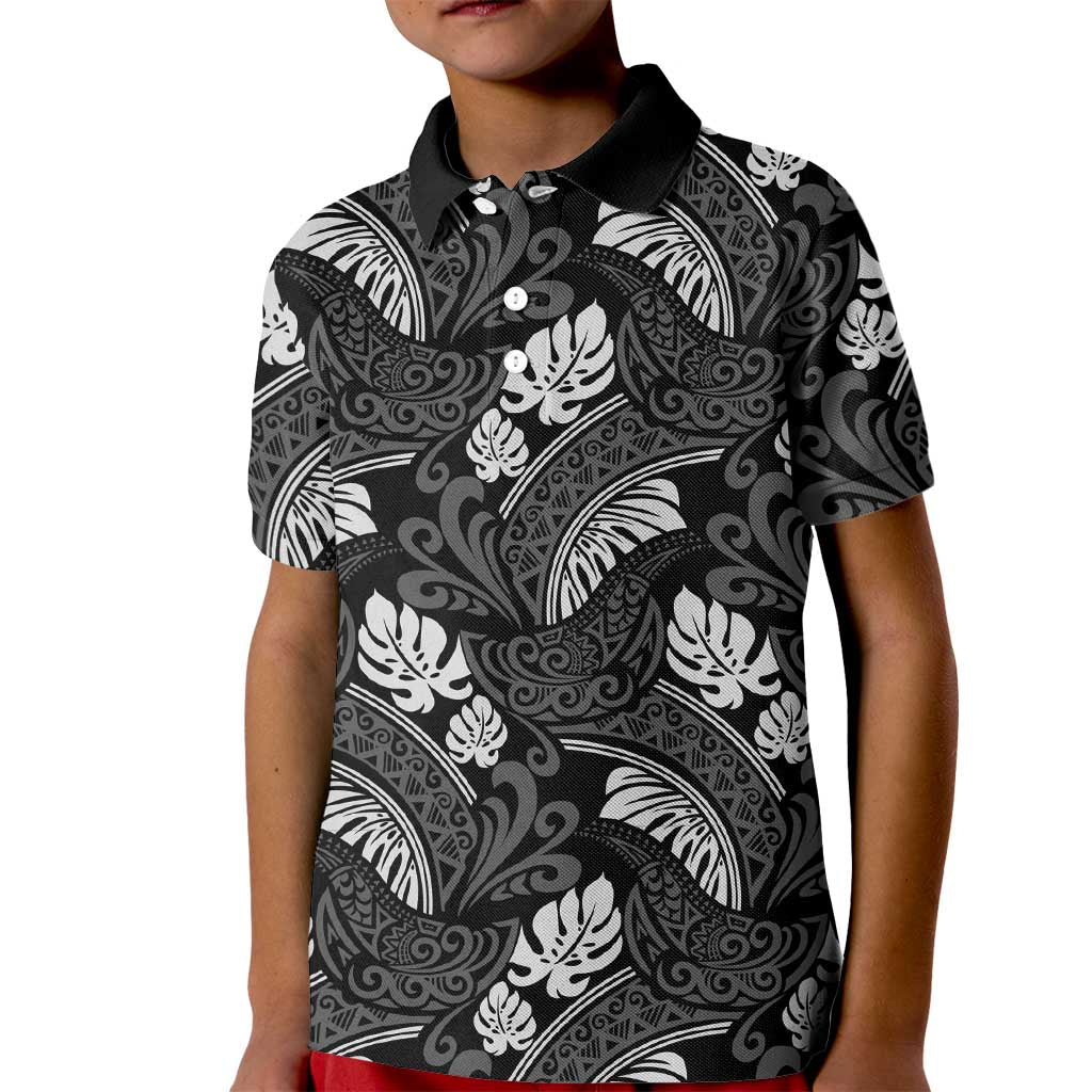 Grayscale Monstera Kid Polo Shirt Polynesian Tribal Pattern - Polynesian Pride