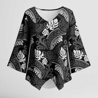 Grayscale Monstera Kimono Sleeve Blouse Polynesian Tribal Pattern - Polynesian Pride
