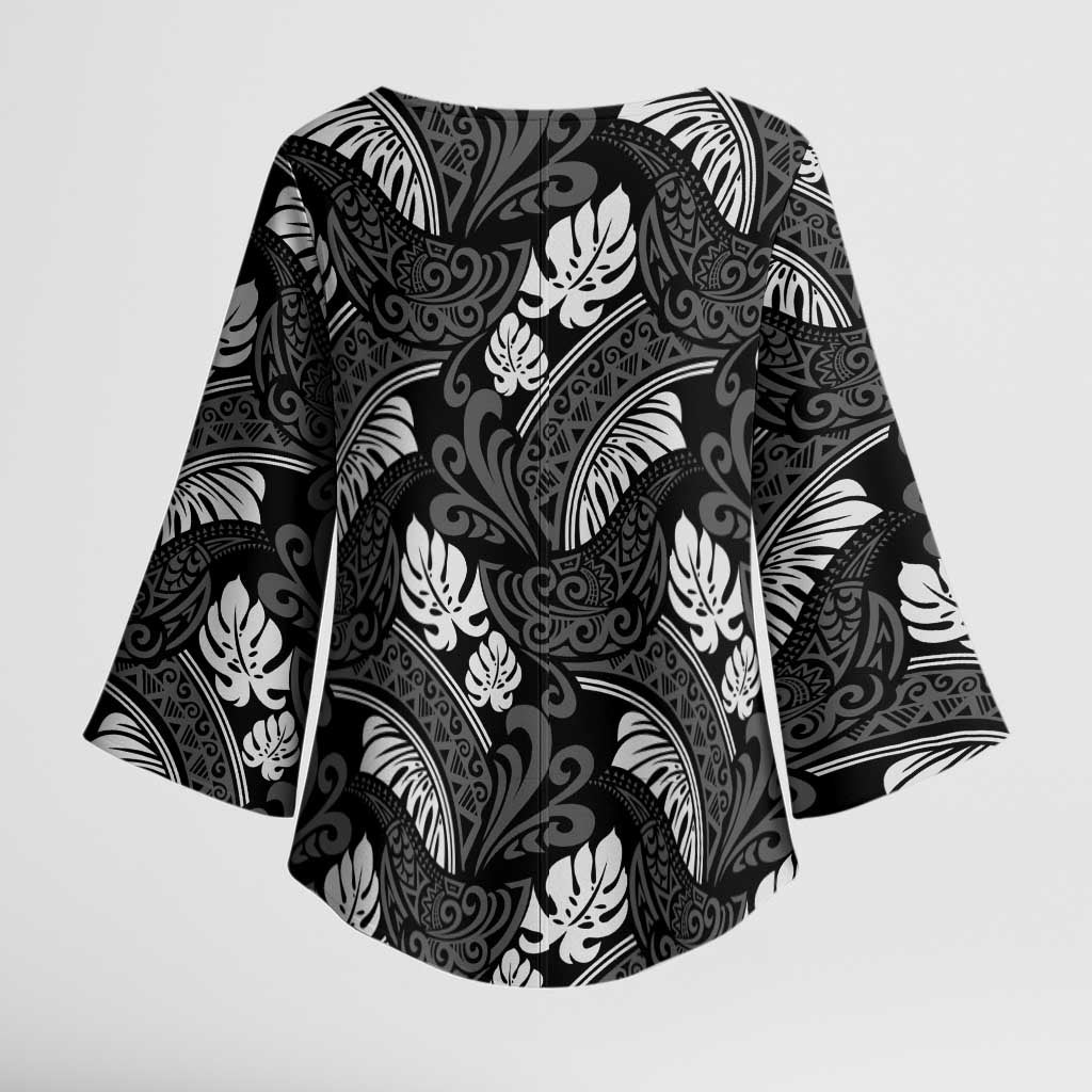 Grayscale Monstera Kimono Sleeve Blouse Polynesian Tribal Pattern - Polynesian Pride