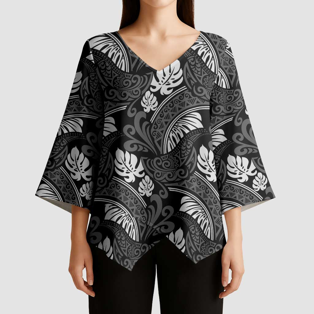 Grayscale Monstera Kimono Sleeve Blouse Polynesian Tribal Pattern - Polynesian Pride