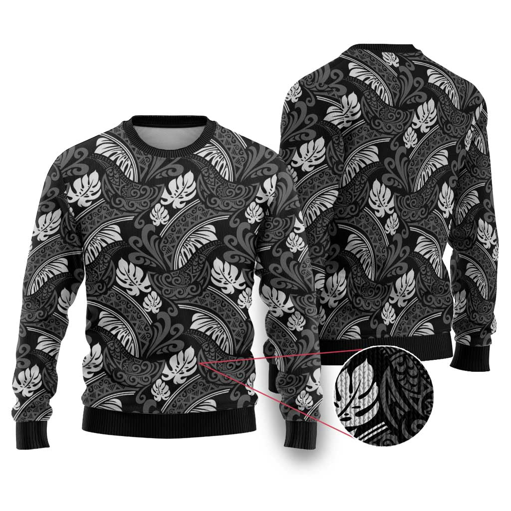 Grayscale Monstera Ugly Christmas Sweater Polynesian Tribal Pattern - Polynesian Pride