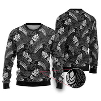 Grayscale Monstera Ugly Christmas Sweater Polynesian Tribal Pattern - Polynesian Pride