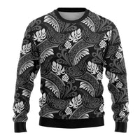 Grayscale Monstera Ugly Christmas Sweater Polynesian Tribal Pattern - Polynesian Pride