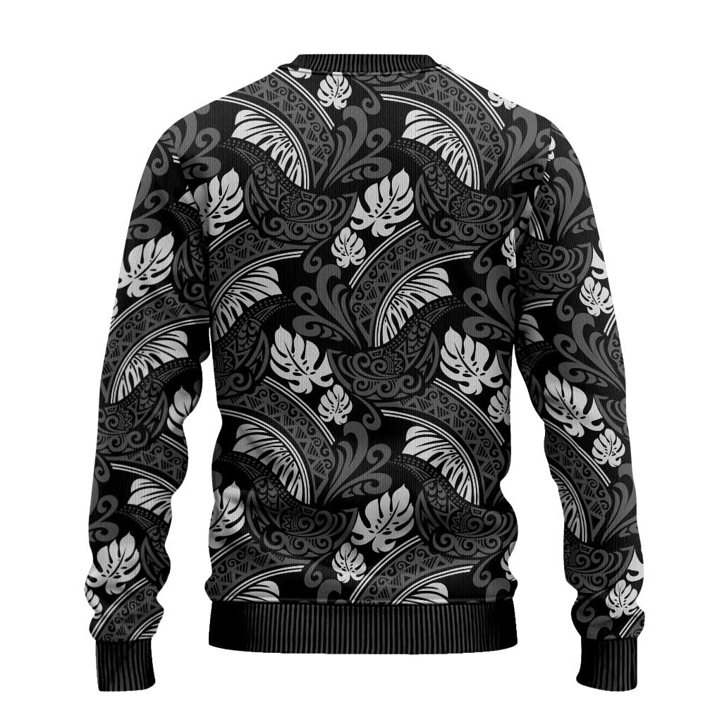 Grayscale Monstera Ugly Christmas Sweater Polynesian Tribal Pattern - Polynesian Pride