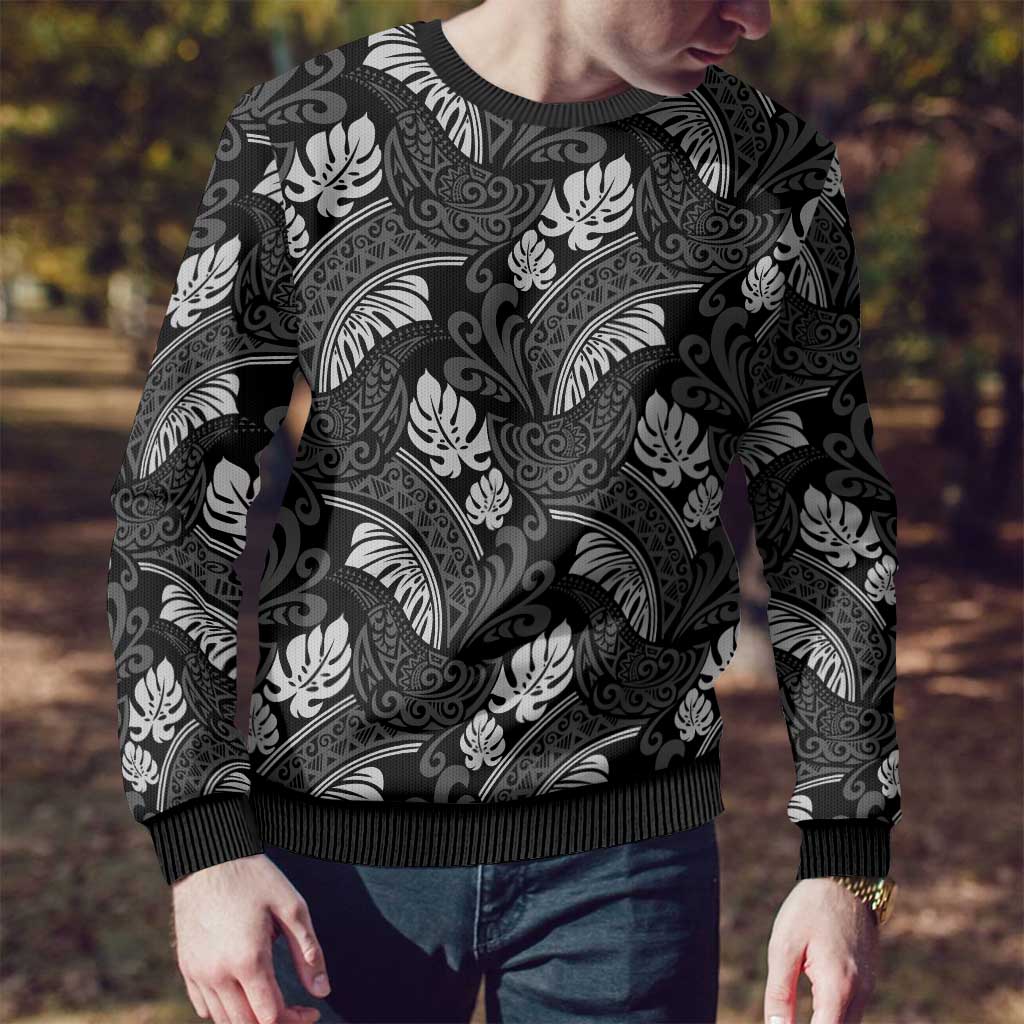 Grayscale Monstera Ugly Christmas Sweater Polynesian Tribal Pattern - Polynesian Pride