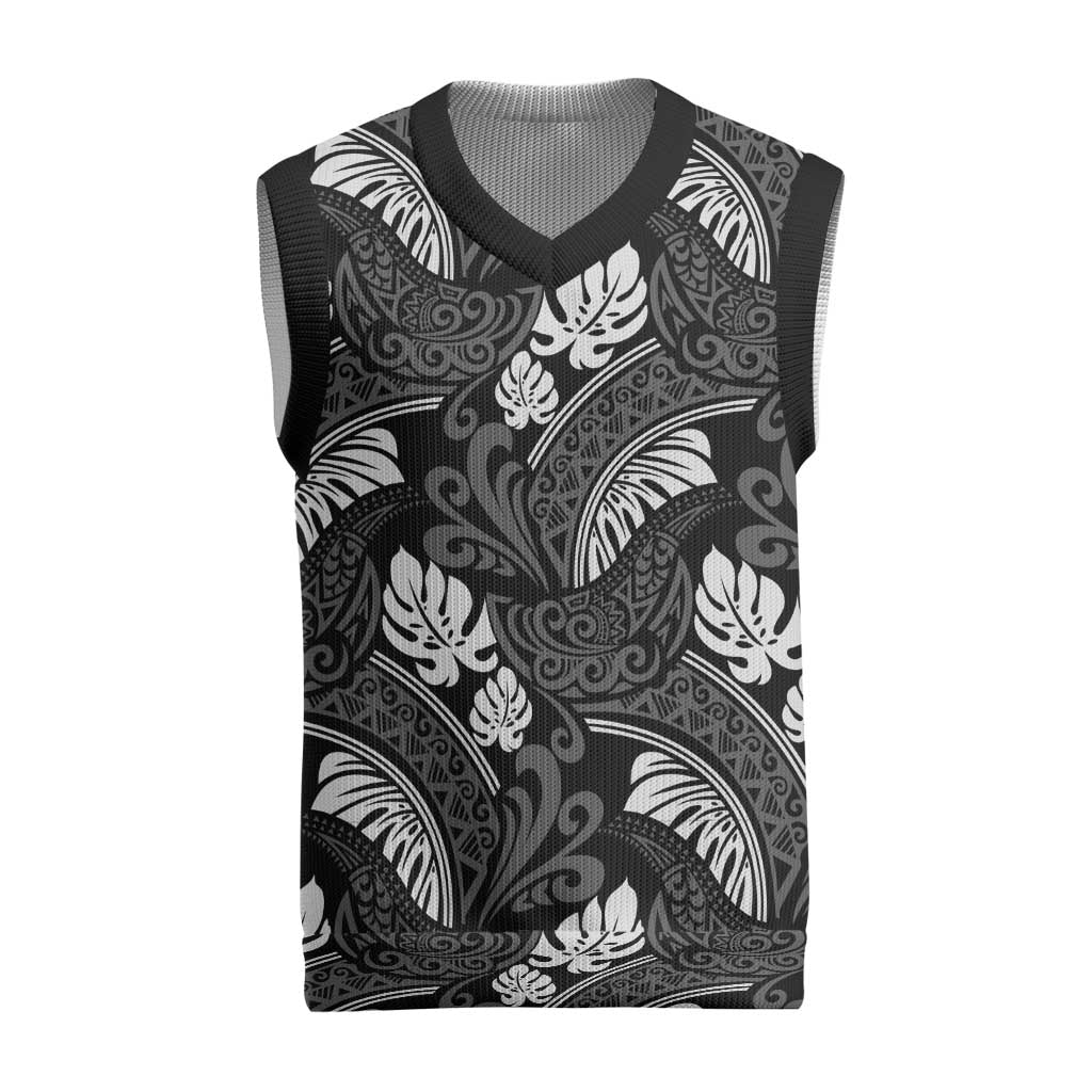 Grayscale Monstera Christmas Knitted V-Neck Vest Polynesian Tribal Pattern - Polynesian Pride