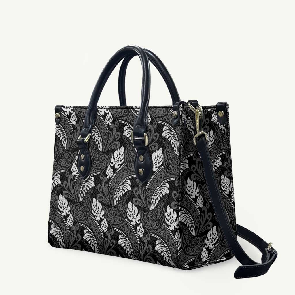 Grayscale Monstera Leather Bag Polynesian Tribal Pattern - Polynesian Pride